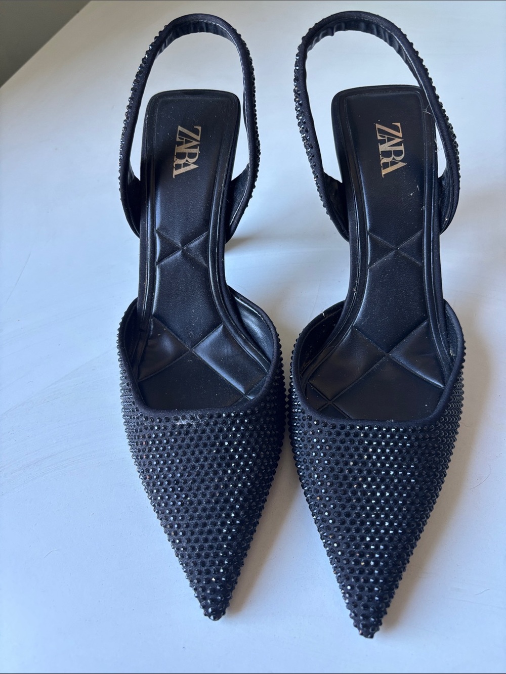 Zara Black Pointed Slingback Heels with Studded Detail. Comfortable and elegant